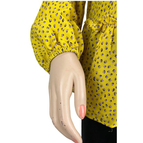 Pleione Anthropologie Yellow Top w/purple Dots LARGE Crochet Trim Ruffle Hem - Picture 4 of 11